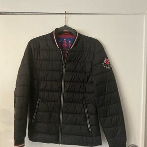 Women’s Moose Knuckles Black Quilted Bomber Jacket with Maple Patch